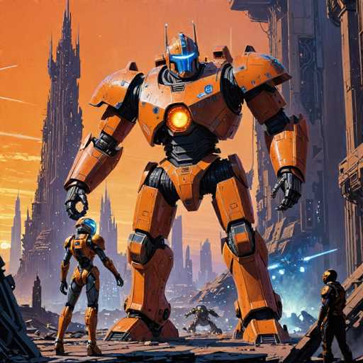A colossal, orange and black mecha dominates a ruined cityscape under a fiery orange sky. Two smaller mechas stand before the giant, while human figures observe in the background. The art style is a blend of science fiction and digital painting, emphasizing scale and dramatic lighting with a slightly gritty, post-apocalyptic feel.