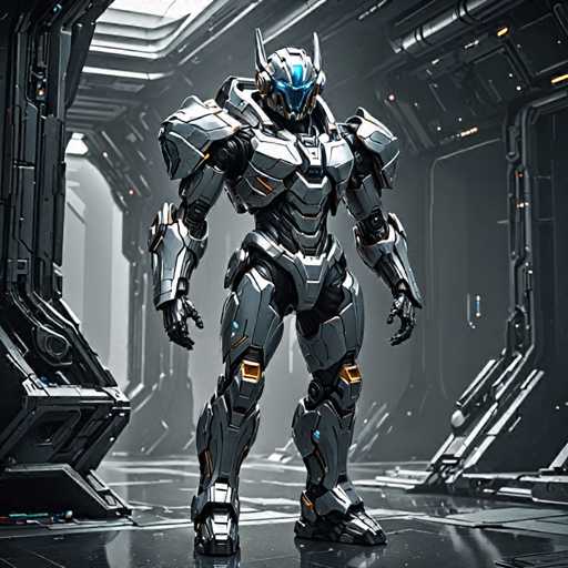 A sleek, silver and black robotic figure dominates the frame, standing upright on a reflective, dark surface. The robot's design is intricate, with sharp angles and glowing blue accents on its head and joints. The background features a futuristic, industrial setting with metallic structures and glowing neon lights, creating a sense of advanced technology. The overall art style is highly detailed and futuristic, emphasizing a blend of mechanical design and digital aesthetics.