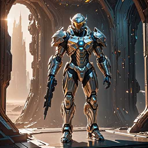 A sleek, silver and gold robotic figure stands in a futuristic, metallic chamber. The robot is centrally positioned, facing forward with a weapon held ready. The background features intricate, glowing architectural details and a warm, slightly hazy lighting, suggesting a technologically advanced environment. The overall style is highly detailed and futuristic, with a focus on sharp lines and metallic textures.