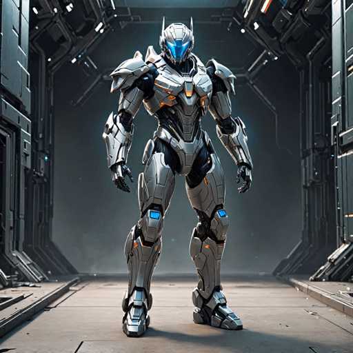 A sleek, silver and black humanoid robot stands in a futuristic, dark industrial setting. The robot is the central focus, positioned centrally and facing forward with glowing blue eyes. Its design features sharp angles and intricate details, suggesting advanced technology. The background is a dimly lit, metallic corridor with geometric structures, emphasizing the robot's imposing presence. The overall style is a blend of science fiction and industrial design, with a focus on sharp lines and metallic textures.