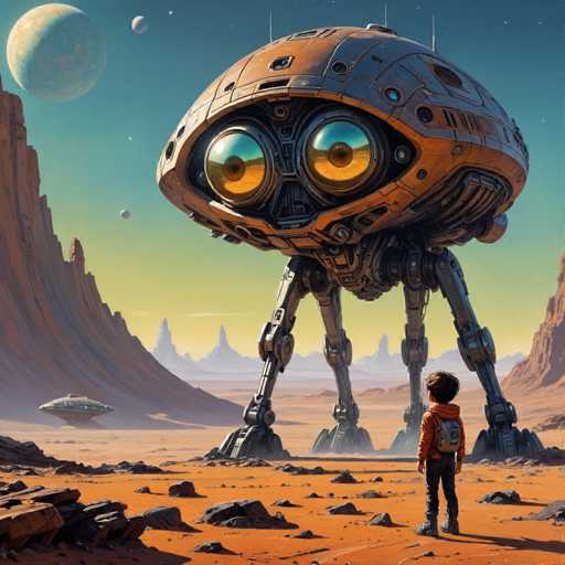 A lone child stands dwarfed by a colossal, orange, tripod-like robot in a vast, desolate, reddish-brown landscape. The robot's large, multifaceted eyes gaze down at the child, while distant, alien-looking mountains and a pale blue planet fill the sky. The art style is a blend of science fiction and digital painting, with a slightly surreal, dreamlike quality.