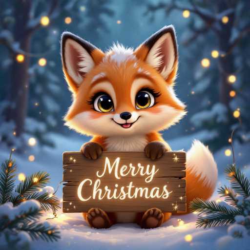 A cute, fluffy fox is holding a wooden sign that says "Merry Christmas" with a warm, glowing light. The fox has big, expressive eyes and a happy smile, looking directly at the viewer. It's sitting in a snowy forest setting with twinkling lights and pine branches, creating a festive Christmas atmosphere. The overall style is digital art, emphasizing soft lighting and a cozy, heartwarming mood.