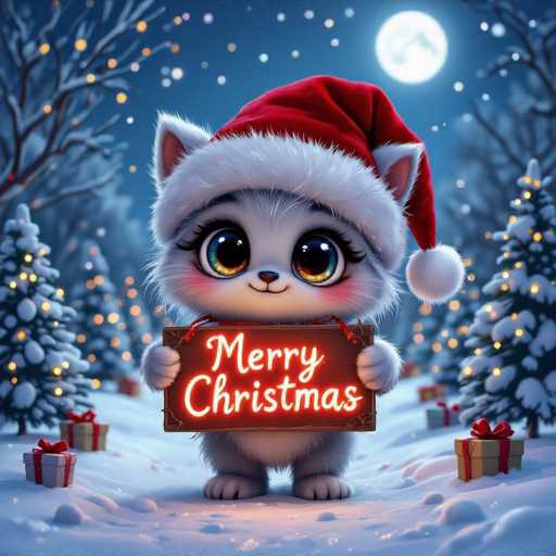 A cute, fluffy white kitten wearing a red Santa hat and holding a sign that says "Merry Christmas" with glowing red letters. The kitten has large, expressive eyes and a sweet smile. It's standing in a snowy winter scene with several decorated Christmas trees, wrapped gifts, and twinkling lights. The background is a soft blue night sky with a full moon. The overall style is digital art, emphasizing a whimsical and festive atmosphere.