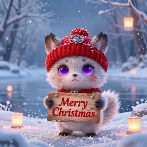 A cute, fluffy white cat wearing a red knitted hat with a snowflake and blue gem detail, and a matching red scarf, is holding a small wooden sign that says "Merry Christmas" in red letters. The cat has large, bright purple eyes and a sweet expression. It's standing in a snowy winter scene with soft bokeh lights, suggesting a festive atmosphere. The background is blurred, focusing attention on the adorable cat and its Christmas message.