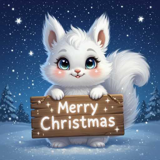 A cute, fluffy white fox is holding a wooden sign that says "Merry Christmas" in a charming, handwritten font. The fox has big, sparkling blue eyes and rosy cheeks, giving it an adorable expression. It's sitting in a snowy setting with snow-covered pine trees and twinkling snowflakes falling in the background. The overall style is digital art, with a soft, festive color palette and a whimsical feel.