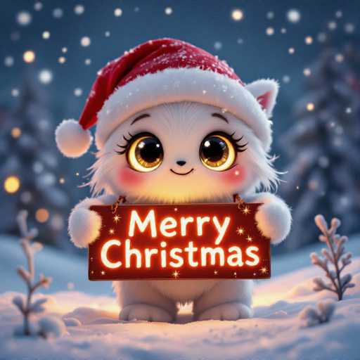 A cute, fluffy white cat wearing a red Santa hat and holding a glowing "Merry Christmas" sign in a snowy, festive setting. The cat has large, expressive eyes and a sweet smile.