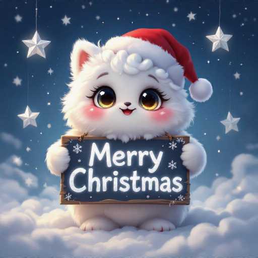 A cute, fluffy white cat wearing a red Santa hat and holding a sign that says "Merry Christmas" with a cute, cartoonish font. The cat is sitting on fluffy white clouds against a dark blue starry sky with falling snowflakes and hanging stars. The overall style is digital art, emphasizing a whimsical and festive Christmas theme.