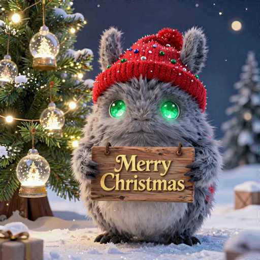 A cute, fluffy grey creature resembling a small, furry animal (possibly a mix of a rabbit and a hedgehog) wearing a red knitted Christmas hat with sparkly red pom-poms, is holding a wooden sign that says "Merry Christmas" in golden letters. The creature has large, bright green eyes and a sweet expression. It's standing in a snowy setting with a decorated Christmas tree behind it, adorned with glowing white lights and clear glass ornaments. There are wrapped gifts on the snow in front of the creature, adding to the festive atmosphere. The background is a soft, dark blue with twinkling white stars and a faint bokeh effect, suggesting a nighttime scene. The overall style is whimsical and heartwarming, conveying a joyful Christmas spirit.