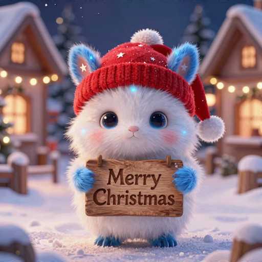A cute, fluffy white creature resembling a rabbit or a small bear is standing in a snowy, festive setting. It's wearing a red knit hat with white stars and a pom-pom, and its ears are blue. The creature has large, round blue eyes and a sweet, smiling face. It's holding a small wooden sign that says "Merry Christmas" in a warm, handwritten font. The creature is standing on a snowy surface with soft, fluffy snow around its feet. In the background, there are two cozy-looking houses with warm lights glowing in their windows and decorated with festive lights. The overall scene is soft, dreamy, and evokes a feeling of holiday cheer.