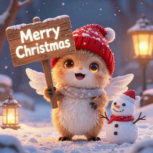 A cute, fluffy, winged creature resembling a small animal (possibly a mix of a bear and a rabbit) wearing a red knitted hat with a pom-pom, a grey scarf, and holding a wooden sign that says "Merry Christmas" with a smiling face. The creature has large, expressive eyes and is standing in a snowy, winter setting with a glowing lantern in the background. The overall style is digital art, emphasizing a warm and festive Christmas atmosphere.