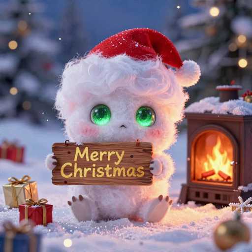 A cute, fluffy white creature with large green eyes and a red Christmas hat is holding a wooden sign that says "Merry Christmas" in golden letters. The creature is sitting in the snow, surrounded by wrapped gifts and a glowing fireplace. The background is softly blurred with twinkling lights and snowflakes, creating a festive Christmas atmosphere.
