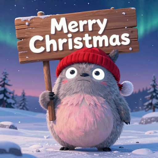 A cute, fluffy grey creature with big white eyes and a red hat is holding a wooden sign that says "Merry Christmas" in large, white letters. The creature is standing in a snowy landscape with snow-covered pine trees and a soft, blue sky. The overall mood is festive and heartwarming.