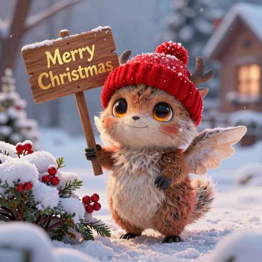 A cute, fluffy, cartoon-style creature resembling a small fox or squirrel with large, expressive eyes and tiny wings is holding a wooden sign that says "Merry Christmas" in golden letters. The creature is wearing a red knitted hat with reindeer antlers and a fluffy white pompom on top. It's standing in a snowy, winter setting with snow-covered pine branches and red berries. The background shows a cozy, warmly lit house in the distance. The overall style is whimsical and festive, emphasizing a heartwarming Christmas spirit.
