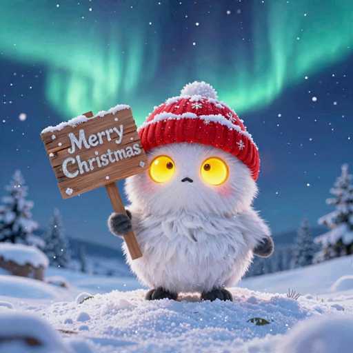 A cute, fluffy white creature with large yellow eyes and a red knitted hat is holding a wooden sign that says "Merry Christmas" in white letters. The creature is standing in a snowy, winter landscape with snow-covered trees and a vibrant green aurora borealis in the background. The creature has small, dark paws and appears to be looking slightly down with a gentle expression.