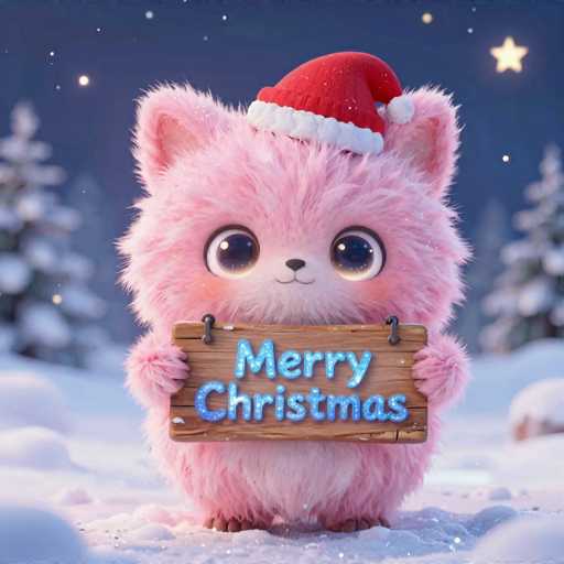 A cute, fluffy pink cat wearing a red and white Santa hat is holding a wooden sign that says "Merry Christmas" in blue letters. The cat has big, round eyes and a sweet expression. It's standing in a snowy, winter scene with blurred pine trees in the background and sparkling snowflakes. The overall style is digital art, emphasizing a whimsical and festive atmosphere.