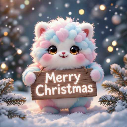 A cute, fluffy, pastel-colored creature with large, expressive eyes is holding a wooden sign that says "Merry Christmas" in glowing white letters. The creature is standing in a snowy, winter wonderland setting with snow-covered pine branches framing it on either side. Soft bokeh lights are scattered in the background, creating a festive and magical atmosphere. The overall style is digital art with a whimsical and heartwarming aesthetic.