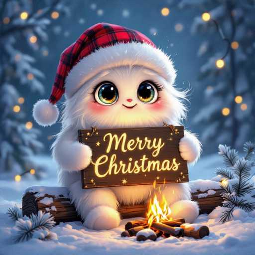 A cute, fluffy white creature wearing a red and black plaid hat sits on a snowy log, holding a wooden sign that says "Merry Christmas" in warm golden letters. The creature has large, expressive eyes with a soft, smiling expression. A small fire is burning in front of it, casting a warm glow on the scene. The background is a soft, snowy landscape with twinkling bokeh lights suggesting a festive atmosphere.