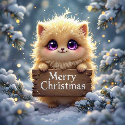 A cute, fluffy golden cat with large purple eyes is sitting on a snowy surface and holding a wooden sign that says "Merry Christmas" in white letters. The cat has a soft, fluffy fur and a sweet expression. It's surrounded by snow-covered pine branches with glowing bokeh lights, creating a festive and magical Christmas scene. The overall style is digital art, emphasizing soft lighting and a whimsical atmosphere.