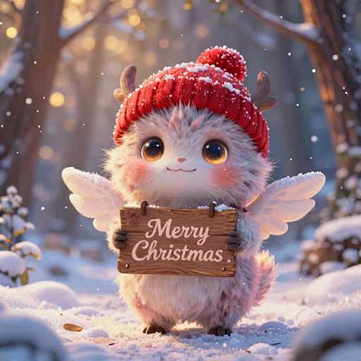A cute, fluffy, white creature with large, round eyes and small antlers is holding a wooden sign that says "Merry Christmas" in a whimsical font. It's wearing a red knitted hat with white pom-pom and small, delicate wings. The creature is standing in a snowy forest scene, with snowflakes falling gently around it. The background is blurred, suggesting a soft focus on the creature and the sign. The overall lighting is warm and festive, with bokeh lights in the background adding to the magical atmosphere.