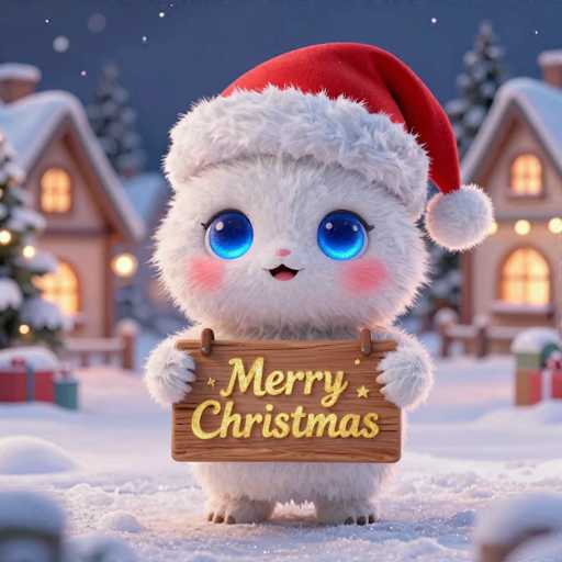 A cute, fluffy white creature wearing a red Santa hat and blue eyes is holding a wooden sign that says "Merry Christmas" in golden letters. The creature is standing in a snowy, festive setting with blurred houses and trees in the background.