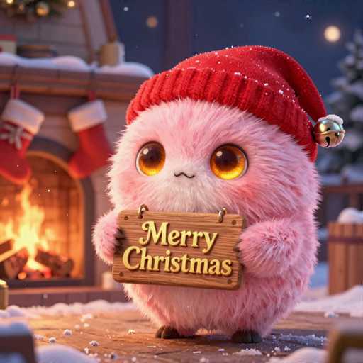 A cute, fluffy pink creature with large, round eyes and a red knitted hat is holding a wooden sign that says "Merry Christmas" in golden letters. The creature is standing on a snowy surface with a warm fireplace and festive stockings in the background, all bathed in soft, glowing light. The overall scene is a cozy and heartwarming Christmas illustration.