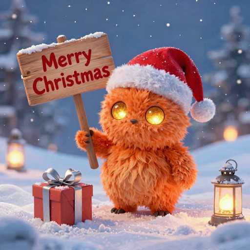 A cute, fluffy orange creature wearing a red and white Santa hat is holding a wooden sign that says "Merry Christmas" in red letters. The creature has large, glowing yellow eyes and a small, happy expression. It's standing in a snowy landscape with a red gift box wrapped in white paper and tied with a silver bow. A warm, glowing lantern sits on the snow to the right of the creature. The background is a soft, blurred winter scene with snowflakes falling and twinkling lights in the distance. The overall mood is festive and heartwarming, celebrating the Christmas season.