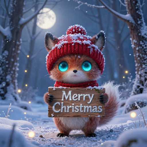 A cute, fluffy fox wearing a red knitted hat and scarf is standing in a snowy forest. It's holding a wooden sign that says "Merry Christmas" with its paws, looking directly at the viewer with large, bright blue eyes. The background is a soft, blurred winter forest scene with snow-covered trees and glowing bokeh lights scattered in the air. The moon is visible in the background, casting a soft glow on the scene.