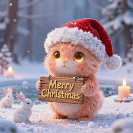 A cute, fluffy orange kitten wearing a red and white Santa hat is holding a wooden sign that says "Merry Christmas" in golden letters. The kitten has large, adorable eyes and a sweet expression. It's sitting on a snowy surface with two small white bunnies nearby, also wearing Santa hats. The background is a soft, blurred winter scene with snow-covered trees and glowing candles, creating a warm and festive atmosphere. The overall style is digital art with a focus on soft lighting and pastel colors, emphasizing the cozy Christmas spirit.