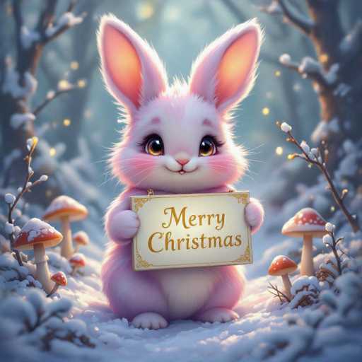 A cute, fluffy pink bunny with large, expressive eyes is sitting in a snowy forest. It's holding a small, golden sign that says "Merry Christmas" in elegant script. The bunny has long, floppy ears and a soft, white fur coat. The background is blurred with sparkling snowflakes and glowing lights, creating a magical winter scene.