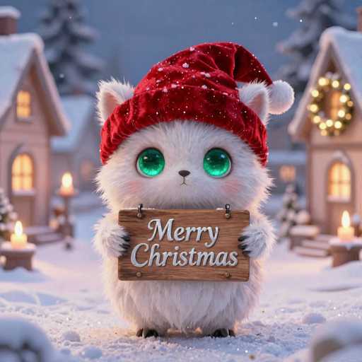 A cute, fluffy white cat wearing a red Santa hat with glitter and large green eyes is holding a wooden sign that says "Merry Christmas" in elegant white script. The cat is standing in a snowy, festive setting with small, cozy houses in the background and soft candlelight. The overall mood is warm, cheerful, and festive, evoking a cozy Christmas atmosphere.