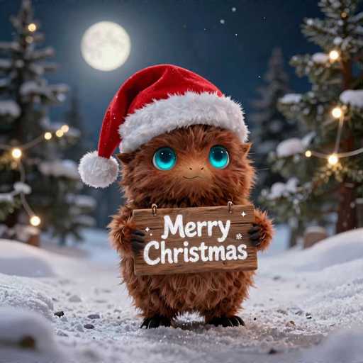 A cute, fluffy, brown creature with large blue eyes and a red and white Santa hat is standing in a snowy landscape. It's holding a wooden sign that says "Merry Christmas" with white lettering and snowflakes. The creature is looking directly at the viewer with a sweet expression, surrounded by snow-covered pine trees and twinkling fairy lights. The background features a full moon and a dark, starry sky.
