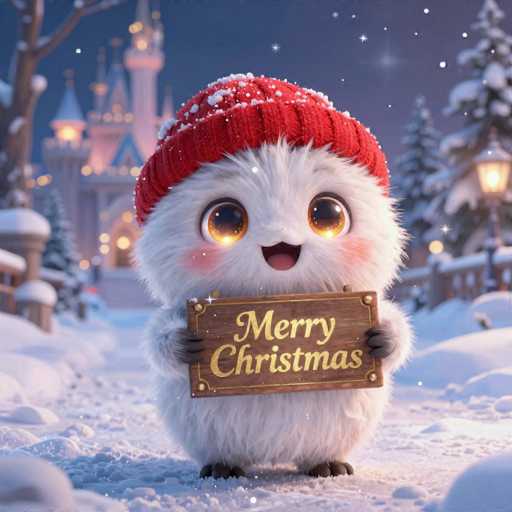 A cute, fluffy white creature with large, sparkling eyes and a red knitted hat is holding a wooden sign that says "Merry Christmas" in golden letters. The creature is standing in a snowy, winter wonderland setting with a blurred castle and twinkling lights in the background. The overall style is digital art, emphasizing a whimsical and festive atmosphere with soft lighting and sparkling effects.
