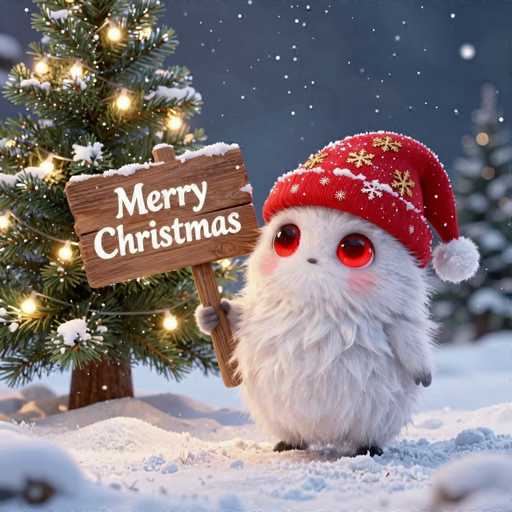 A cute, fluffy white creature with large red eyes and a red Christmas hat is holding a wooden sign that says "Merry Christmas" in a warm, rustic font. The creature is standing in a snowy landscape with a decorated Christmas tree behind it. Snowflakes are falling gently, and the overall scene is festive and heartwarming. The creature looks adorable and inviting, perfectly embodying the spirit of Christmas.