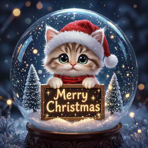 A cute, fluffy tabby cat wearing a red Santa hat and a red scarf is peering out from inside a snow globe. The cat has large, expressive green eyes and a sweet expression. It's holding a small wooden sign that says "Merry Christmas" in glowing golden letters, with sparkling lights around the words. The snow globe is surrounded by a snowy winter scene, with twinkling snowflakes and soft bokeh lights in the background. The overall style is digital art, with a warm and festive color palette.