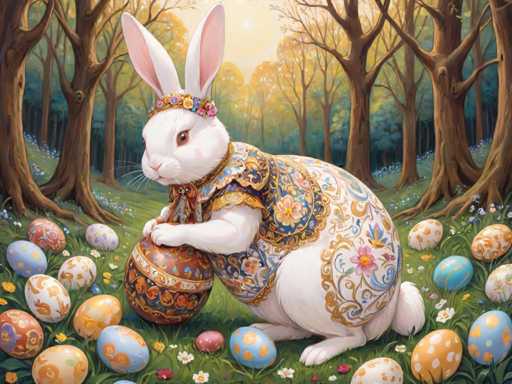 The image depicts an Easter bunny holding a large egg on its lap while surrounded by numerous colorful Easter eggs scattered around it. The bunny is wearing a white outfit with gold and blue accents, and the background features trees and bushes in various shades of green.