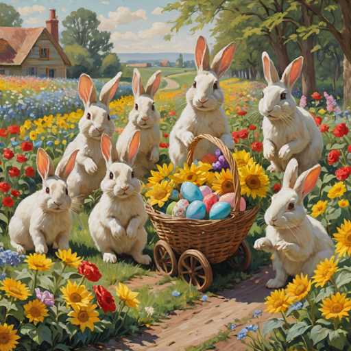 The image depicts six white bunnies sitting on a path surrounded by vibrant flowers and trees. The bunnies appear to be engaged with the basket of Easter eggs placed next to them.