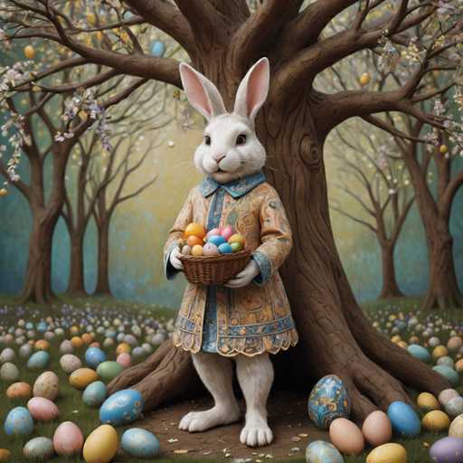 A white bunny dressed in an orange and blue outfit is standing under a tree with a basket of Easter eggs on its back. The background features trees and bushes, creating a natural setting for the scene.