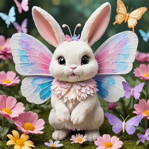 A white bunny with pink ears and wings is sitting on a bed of flowers surrounded by purple and yellow flowers. The bunny has a blue flower crown on its head and is looking directly at the camera.