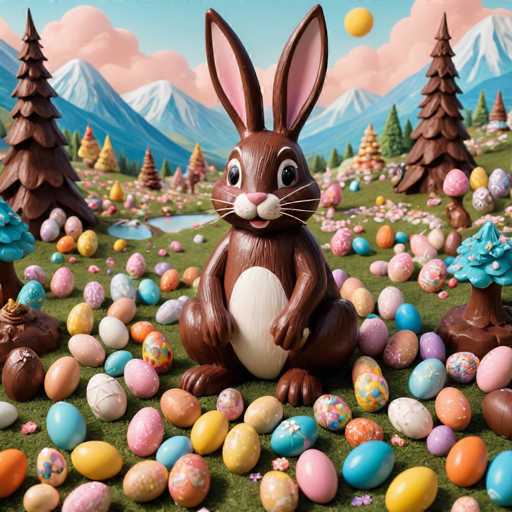 The image depicts an Easter scene with a large brown bunny statue sitting amidst a field of colorful Easter eggs and flowers. The bunny is surrounded by trees and mountains, creating a sense of depth in the composition.
