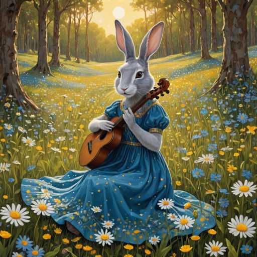 The image depicts a rabbit dressed in a blue dress and holding an ukulele while sitting on the grass surrounded by wildflowers. The rabbit is positioned centrally within the frame, with trees visible in the background.