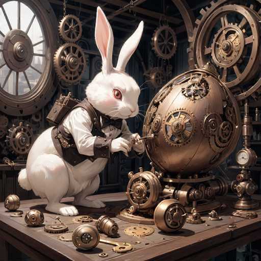 The image depicts a white rabbit wearing a brown leather vest and bowtie standing on a wooden table surrounded by various gears and cogs of different sizes and colors. The rabbit is holding a golden clock in its paws, suggesting it may be working on repairing or maintaining the timepiece.