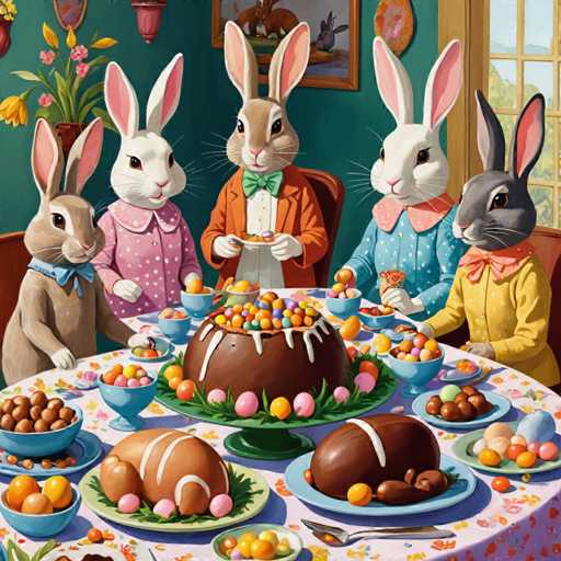 The image depicts five rabbits seated around a table filled with food and drinks. The table is covered by a white tablecloth and features plates of various dishes such as cakes, fruits, and vegetables. The rabbits are dressed in colorful clothing, adding to the festive atmosphere.