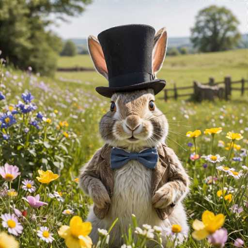 A cartoon rabbit wearing a top hat and bow tie stands amidst a field of yellow flowers with purple ones scattered around it.