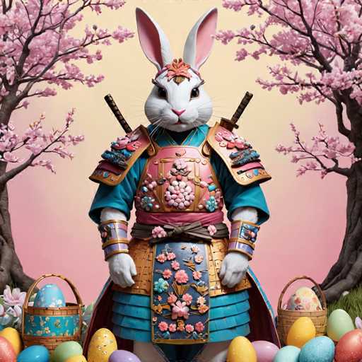 The image depicts an Easter bunny dressed as a medieval knight standing amidst a field of colorful Easter eggs and flowers. The bunny is wearing a blue and gold outfit with a pink flower on its head and holding a basket filled with more Easter eggs.