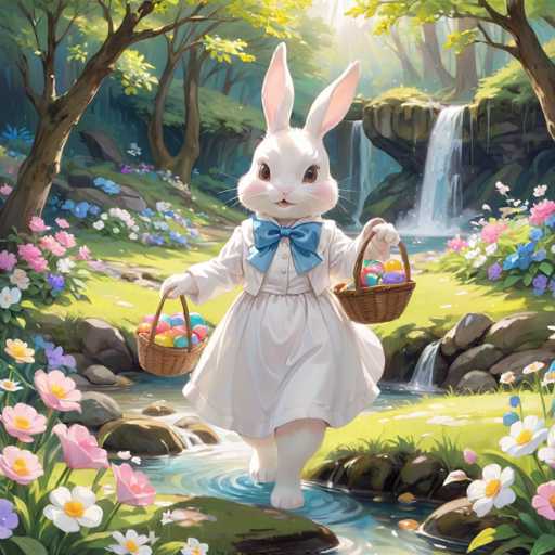 A white bunny with pink ears and a blue bow is walking through a forest carrying two baskets of Easter eggs on its back while wearing a white dress.