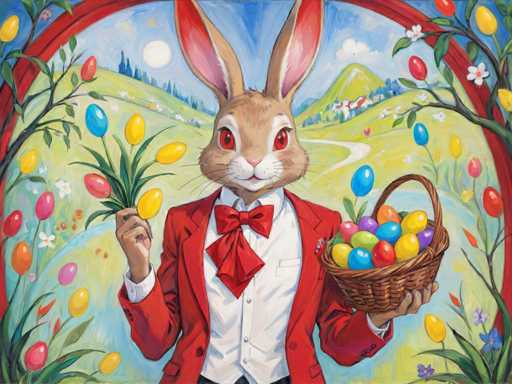 The image depicts an Easter bunny dressed in a red suit and bowtie holding a basket of colorful Easter eggs against a vibrant background with trees and flowers.