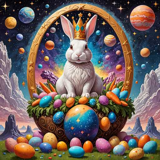 The image depicts an Easter bunny wearing a crown and surrounded by colorful eggs and flowers on a grassy field under a starry sky. The bunny is seated within a golden basket that has a circular frame around it, with planets visible in the background.