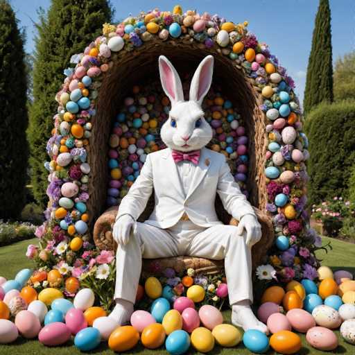 The image shows an Easter bunny sitting on a chair surrounded by colorful Easter eggs and flowers. The bunny is wearing a white suit with a pink bowtie and has a red nose.
