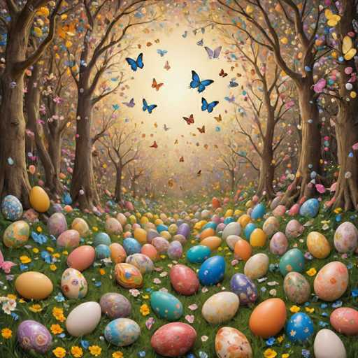 The image depicts an Easter-themed scene set in a forest with trees and colorful Easter eggs scattered throughout the area. The sky above is filled with butterflies, adding a sense of movement to the scene. The colors used are predominantly green, brown, yellow, pink, blue, and white, creating a vibrant and lively atmosphere.