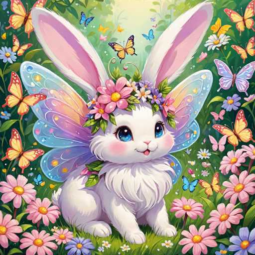 The image depicts a white rabbit with pink ears and wings adorned with flowers sitting on the grass surrounded by colorful flowers such as daisies and roses. The scene is set against a lush green background filled with butterflies of various colors including yellow, orange, blue, and purple.